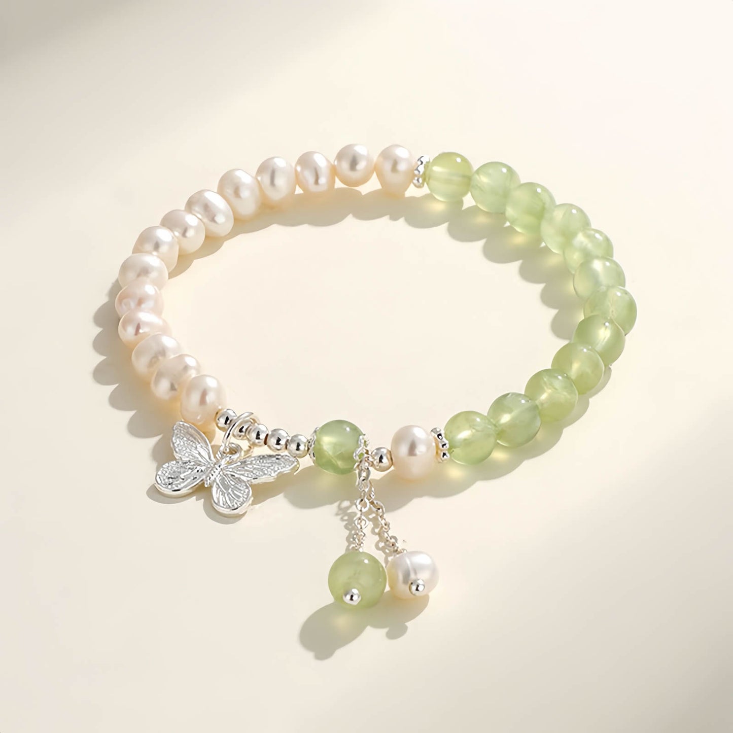 Aquamarine Crystal Beaded Bracelet with Freshwater Pearls & Butterfly Tassel Pendant