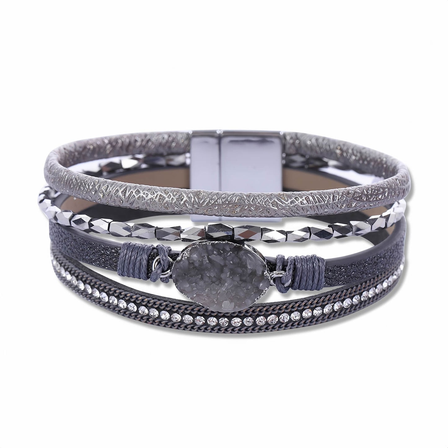 Boho Multilayer Leather Wrap Bracelet with Crystal