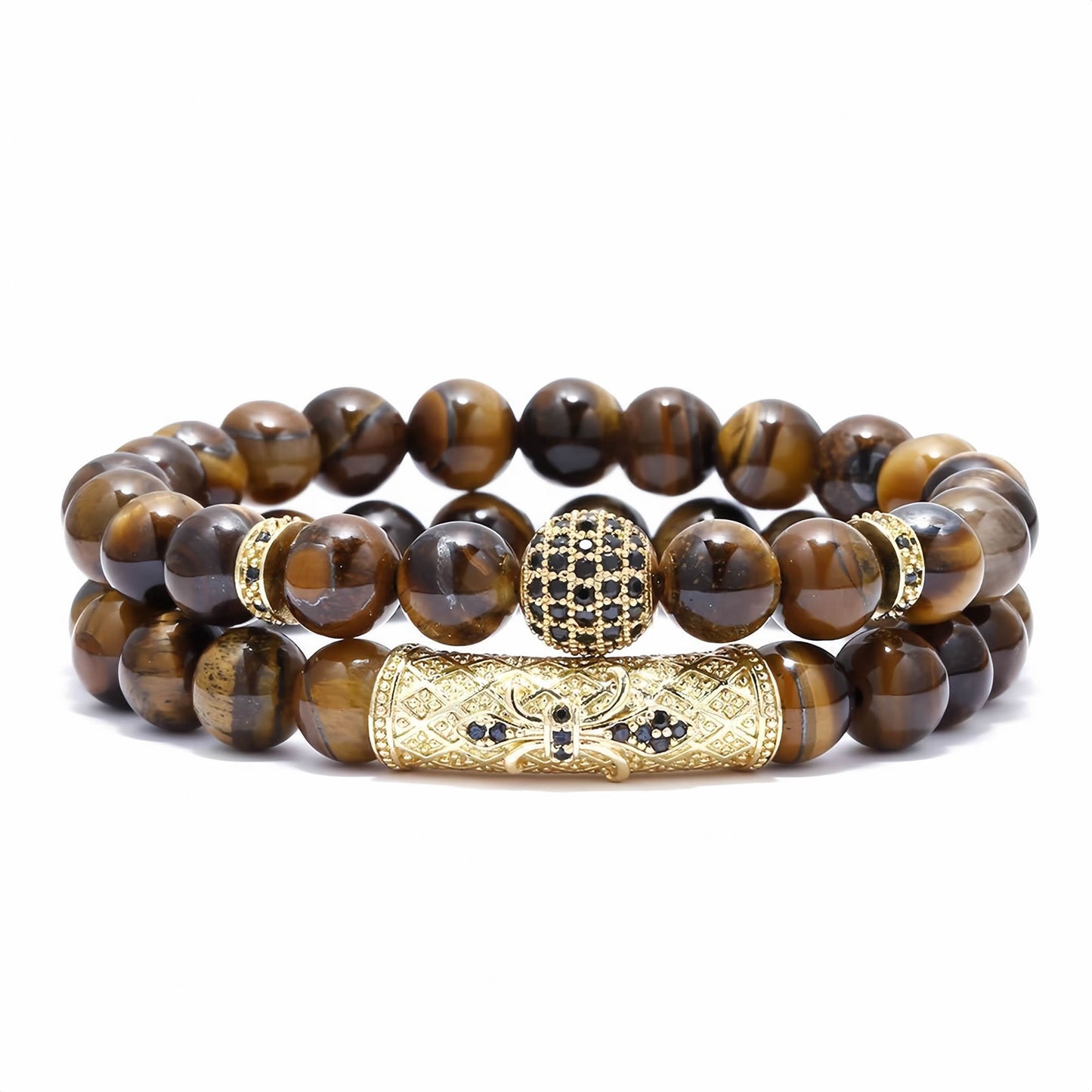 Tiger Eye Beaded Bracelet with CZ Pave Ball & Carved Copper Tube