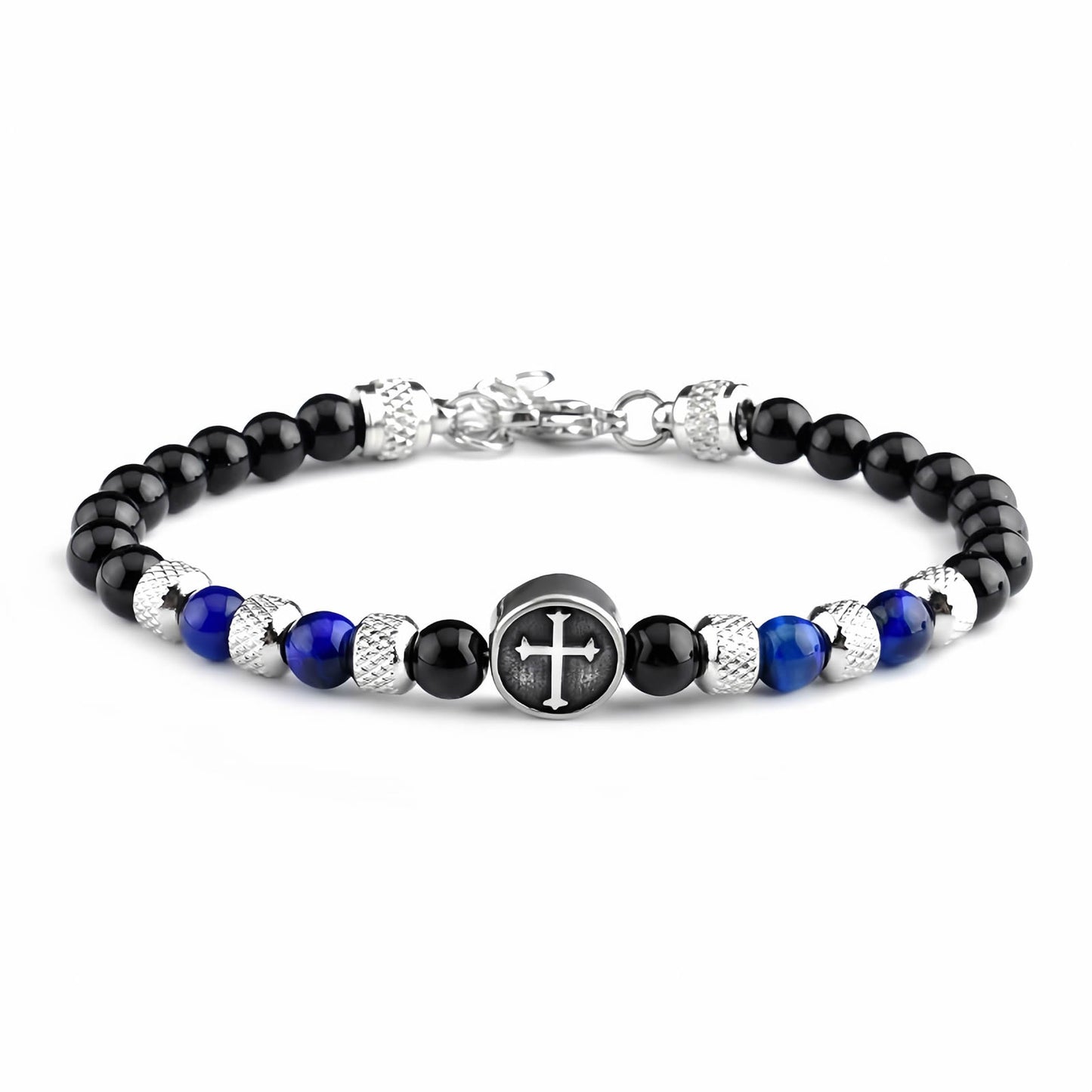 Tiger Eye Beaded Cross Bracelet, Stainless Steel Vintage Crystal Wristband for Men