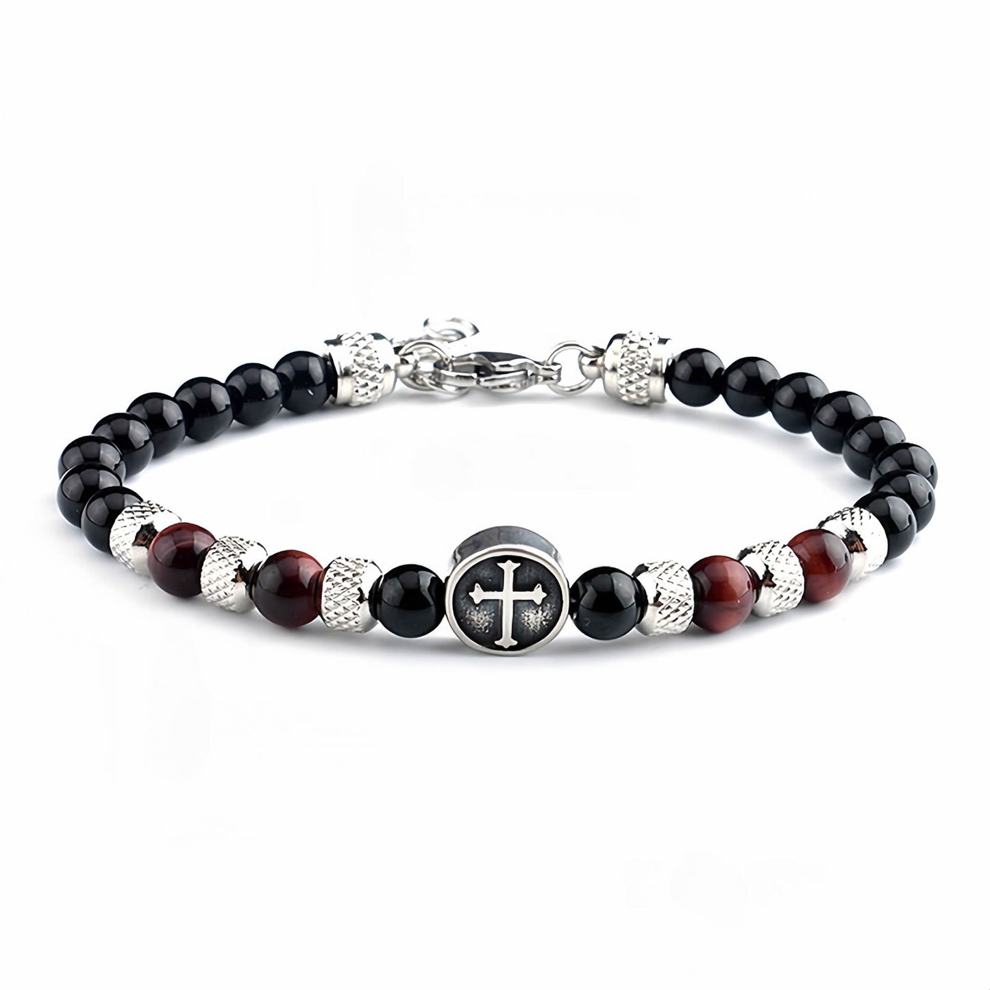 Tiger Eye Beaded Cross Bracelet, Stainless Steel Vintage Crystal Wristband for Men