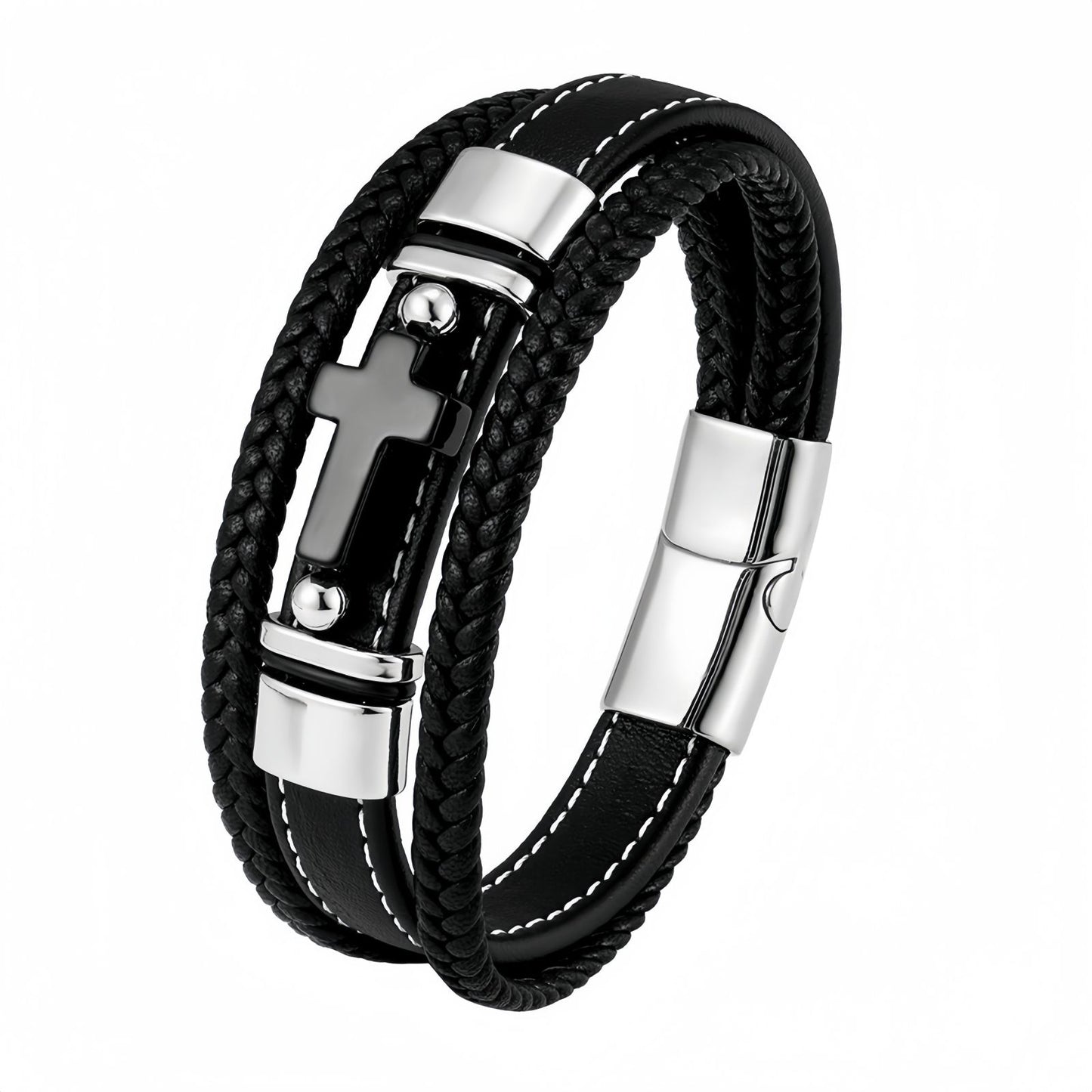 Men’s Black Onyx Cross Leather Bracelet