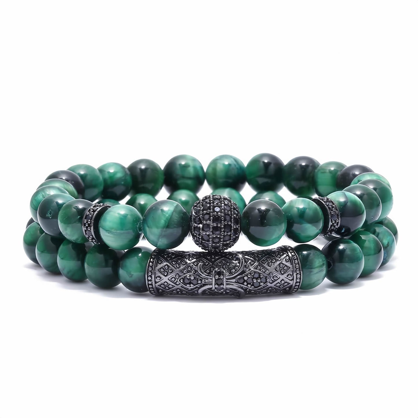 Tiger Eye Beaded Bracelet with CZ Pave Ball & Carved Copper Tube