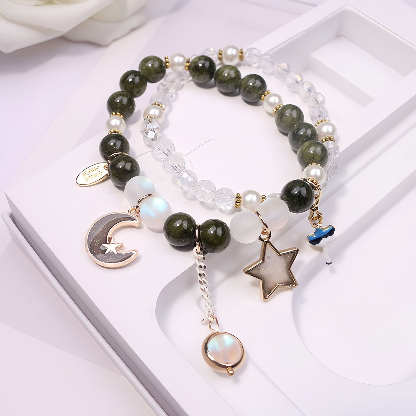 Moon & Star Double Layer Crystal Beaded Bracelet