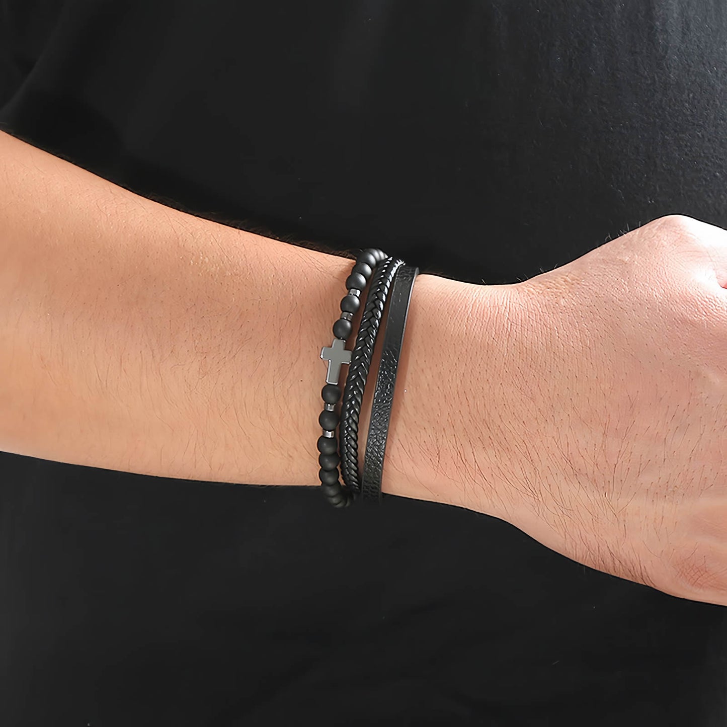 Men’s Cross Natural Stone Beads Leather Bracelet
