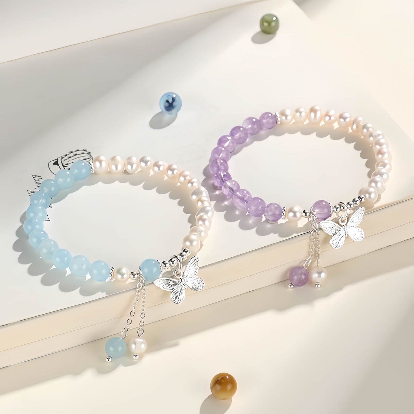 Aquamarine Crystal Beaded Bracelet with Freshwater Pearls & Butterfly Tassel Pendant