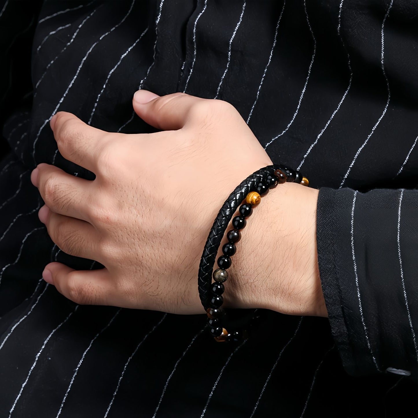 The Professional Success Bracelet – Tiger's Eye & Black Onyx Leather Bracelet