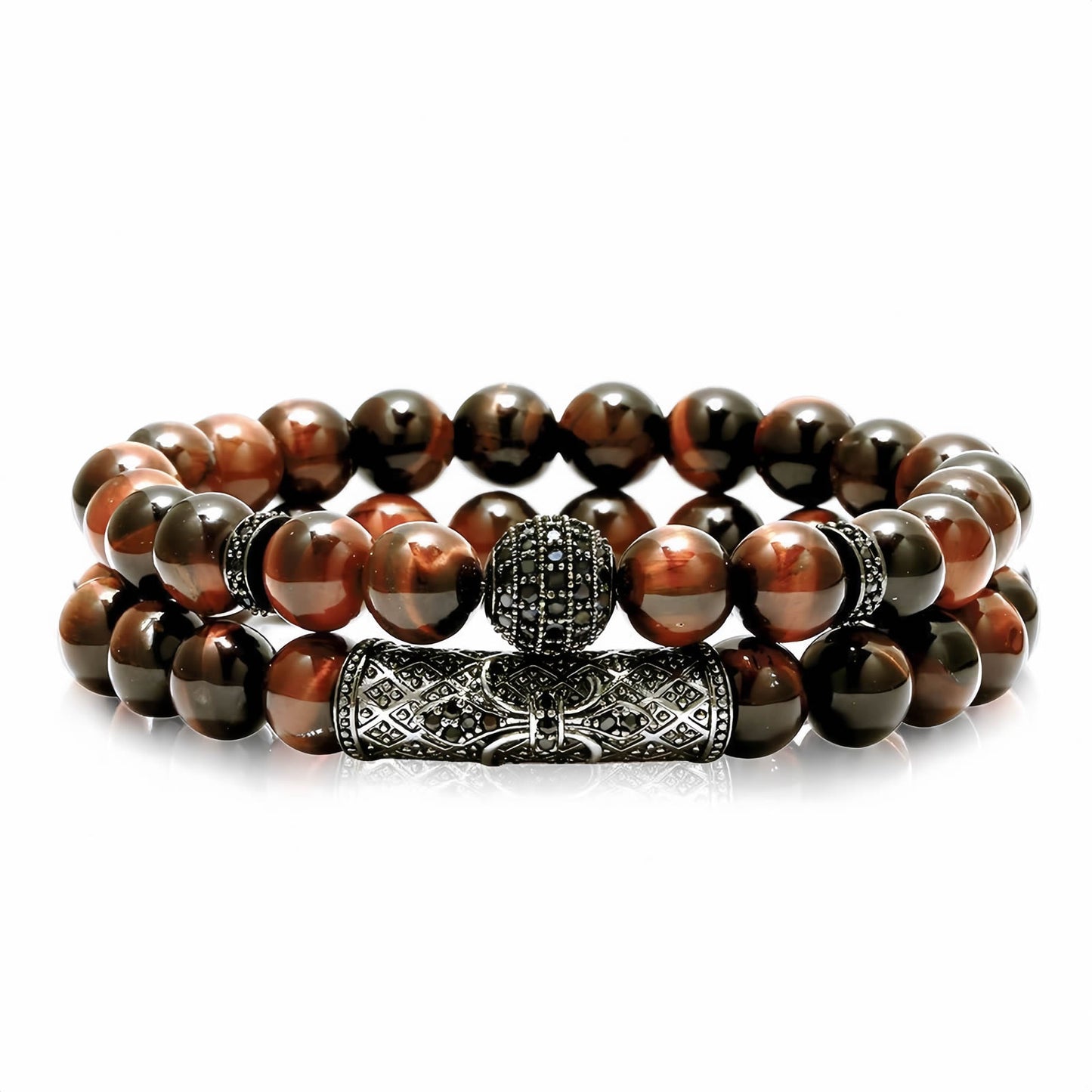 Tiger Eye Beaded Bracelet with CZ Pave Ball & Carved Copper Tube