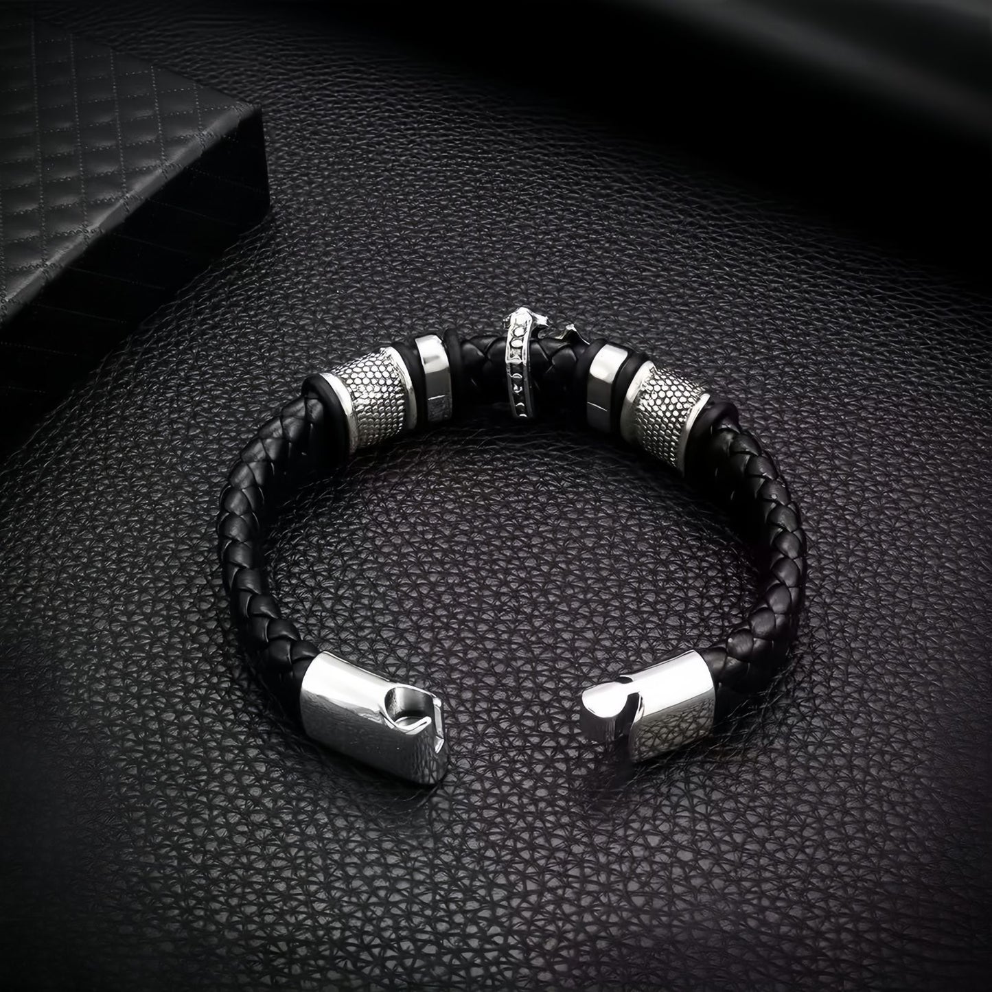 Punk-Inspired Cross Charm Men’s Double-Braided Leather Bracelet