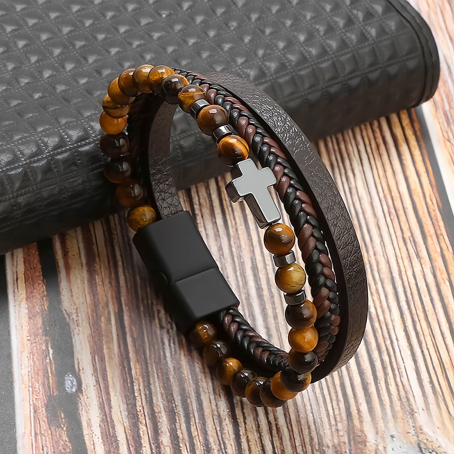 Men’s Cross Natural Stone Beads Leather Bracelet