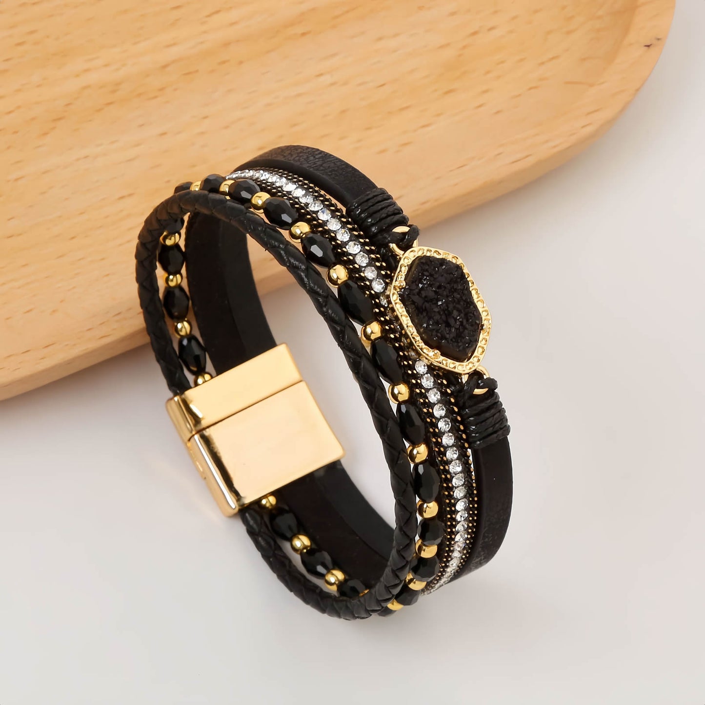 Boho Leather Wrap Bracelet with Crystal Beads & Clasp