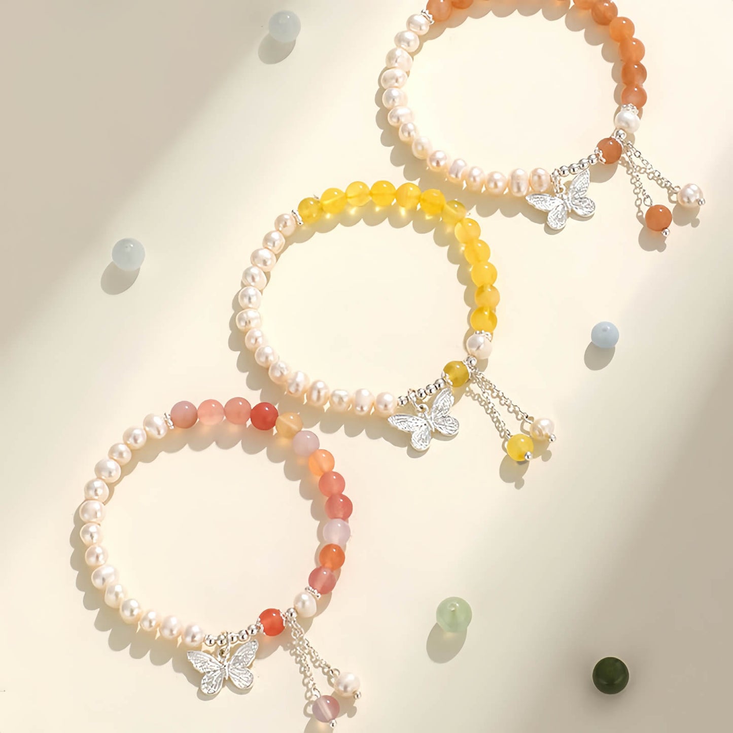Aquamarine Crystal Beaded Bracelet with Freshwater Pearls & Butterfly Tassel Pendant
