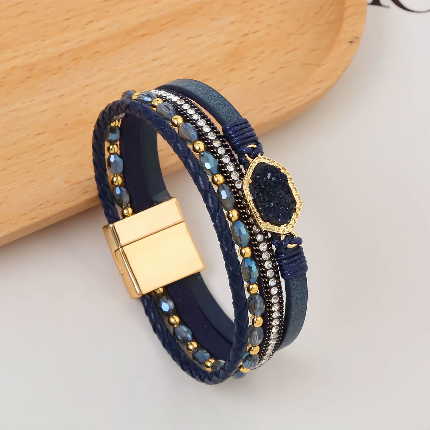Boho Leather Wrap Bracelet with Crystal Beads & Clasp