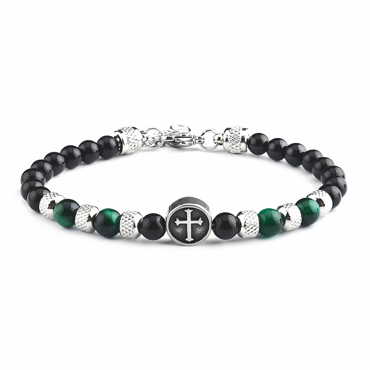 Tiger Eye Beaded Cross Bracelet, Stainless Steel Vintage Crystal Wristband for Men