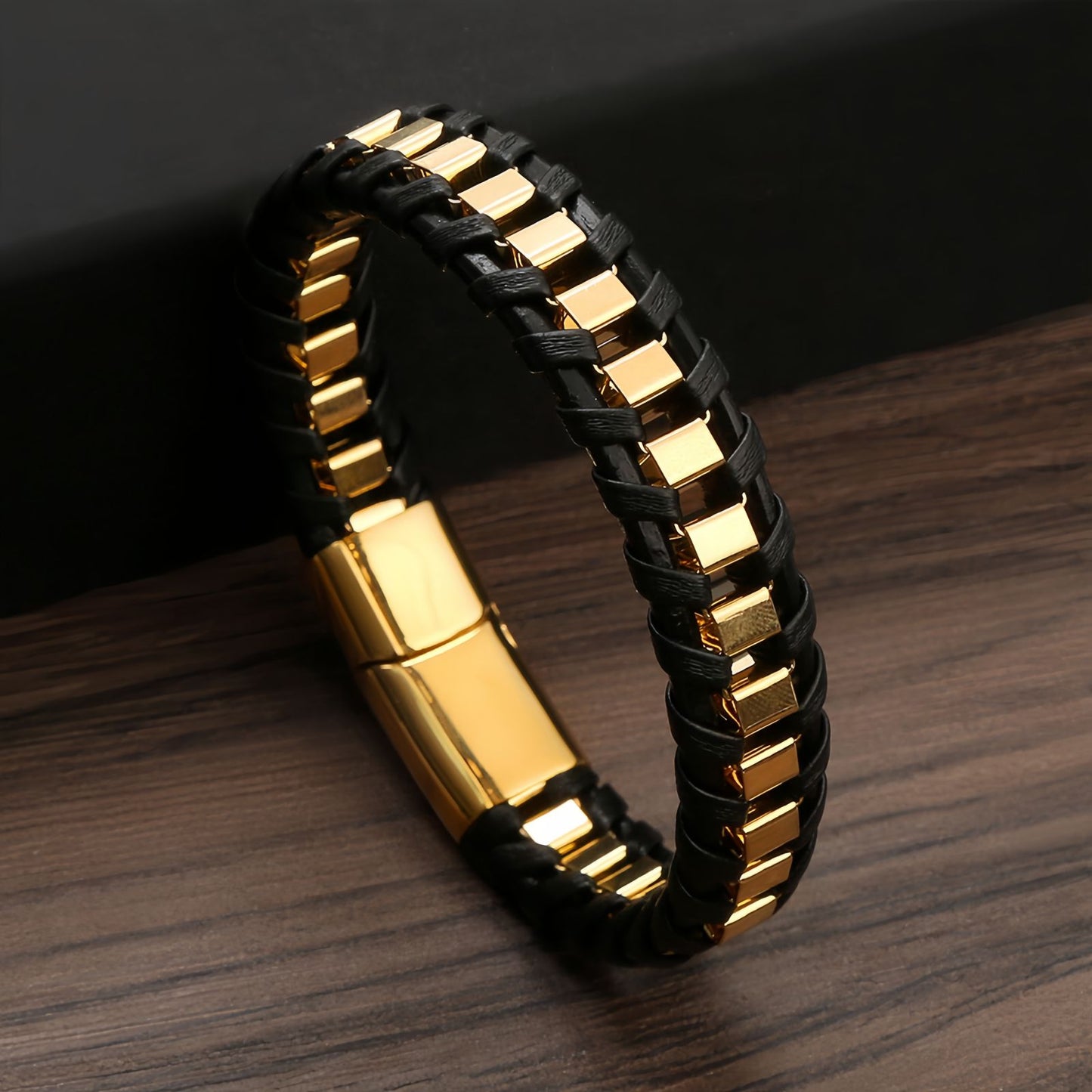 Cubic Metal Link Leather Bracelet