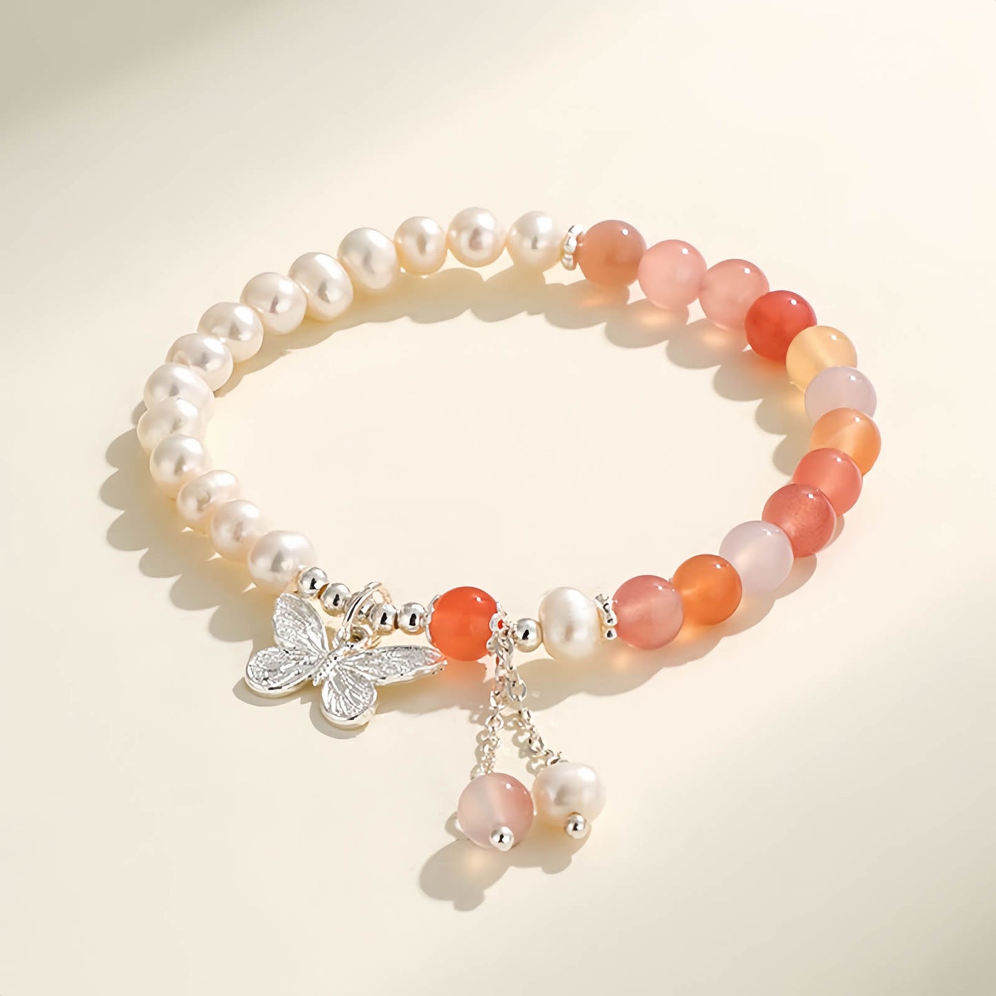 Aquamarine Crystal Beaded Bracelet with Freshwater Pearls & Butterfly Tassel Pendant