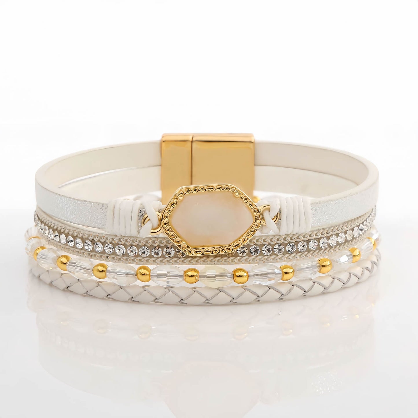 Boho Leather Wrap Bracelet with Crystal Beads & Clasp