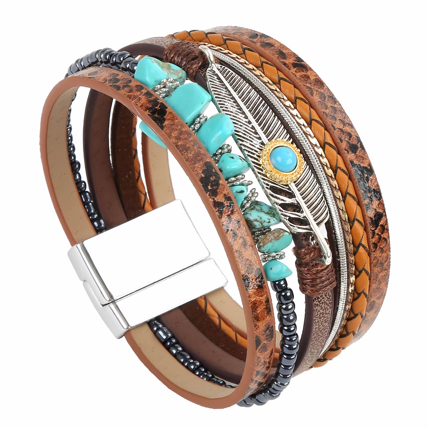 Boho Leather and Turquoise Feather Bracelet