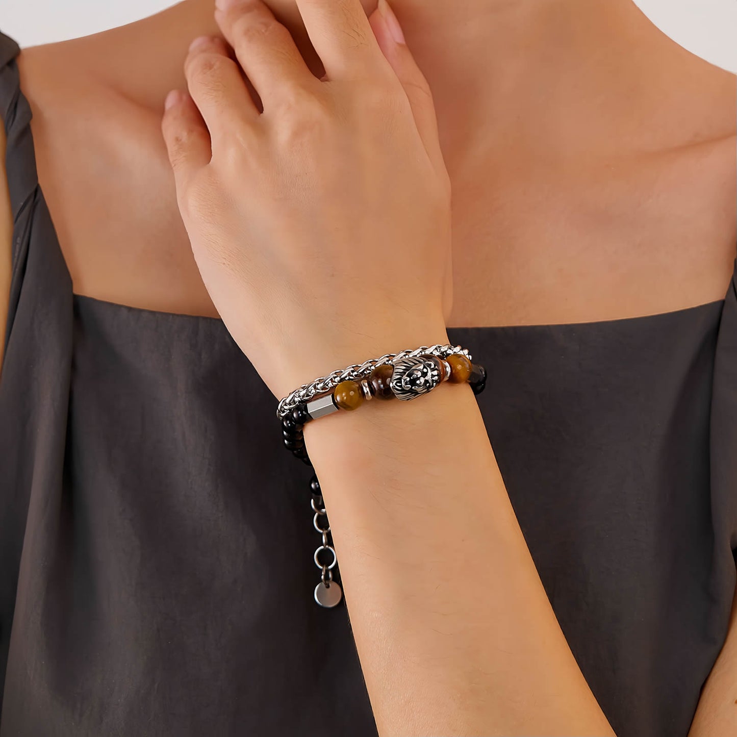 Tiger Eye Beaded Lion Head Bracelet