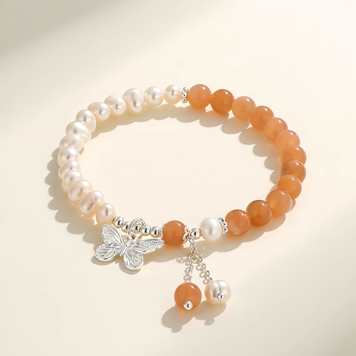 Aquamarine Crystal Beaded Bracelet with Freshwater Pearls & Butterfly Tassel Pendant