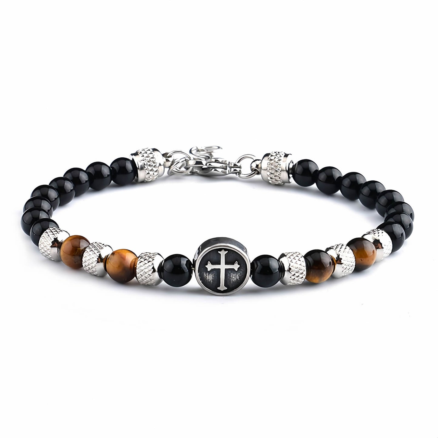 Tiger Eye Beaded Cross Bracelet, Stainless Steel Vintage Crystal Wristband for Men