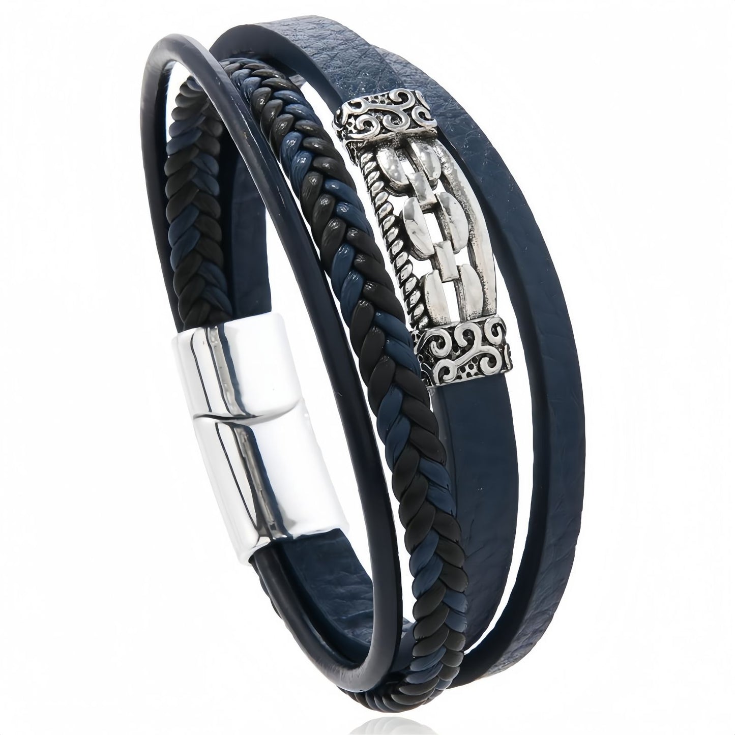 Vintage Engraved Steel Accent Multi-Layer Leather Bracelet