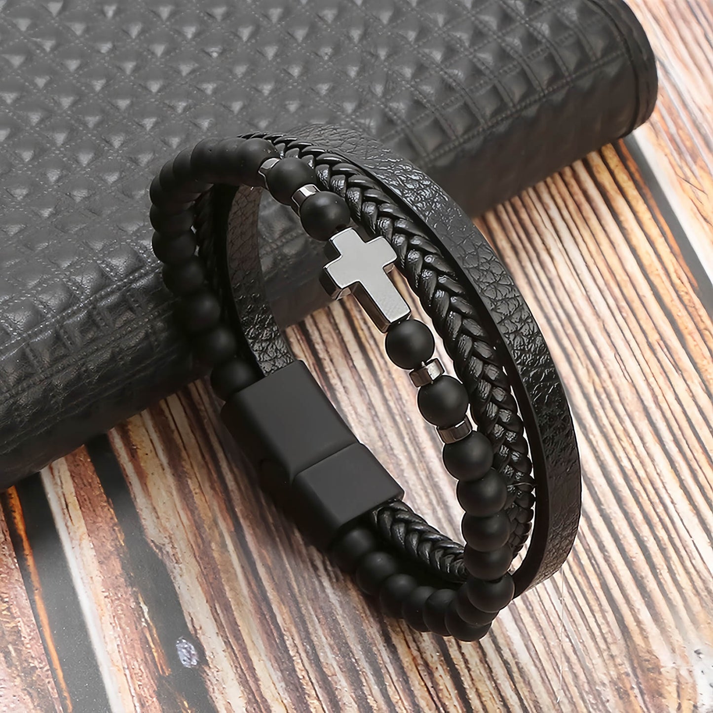 Men’s Cross Natural Stone Beads Leather Bracelet