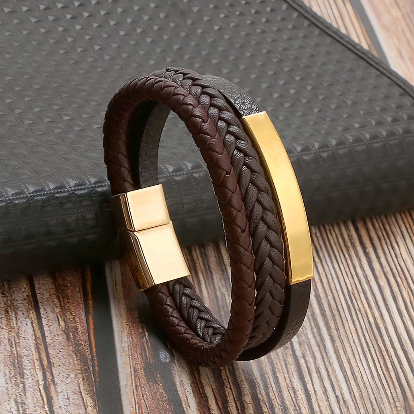 Geometric Bar Layered Leather Bracelet for Men