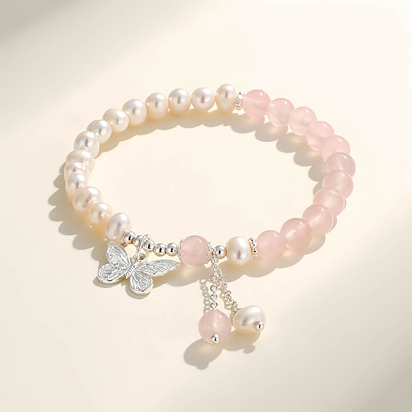 Aquamarine Crystal Beaded Bracelet with Freshwater Pearls & Butterfly Tassel Pendant
