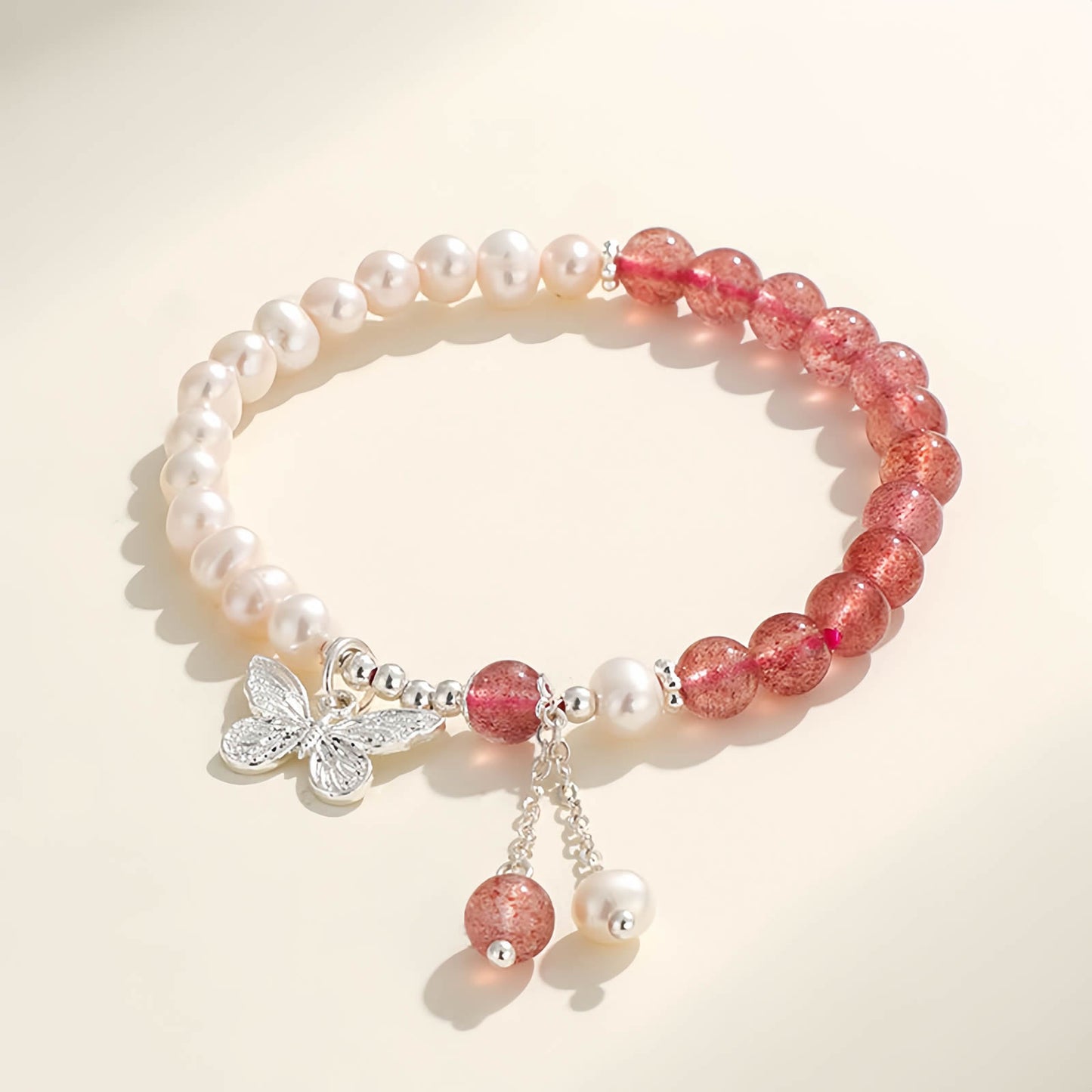 Aquamarine Crystal Beaded Bracelet with Freshwater Pearls & Butterfly Tassel Pendant