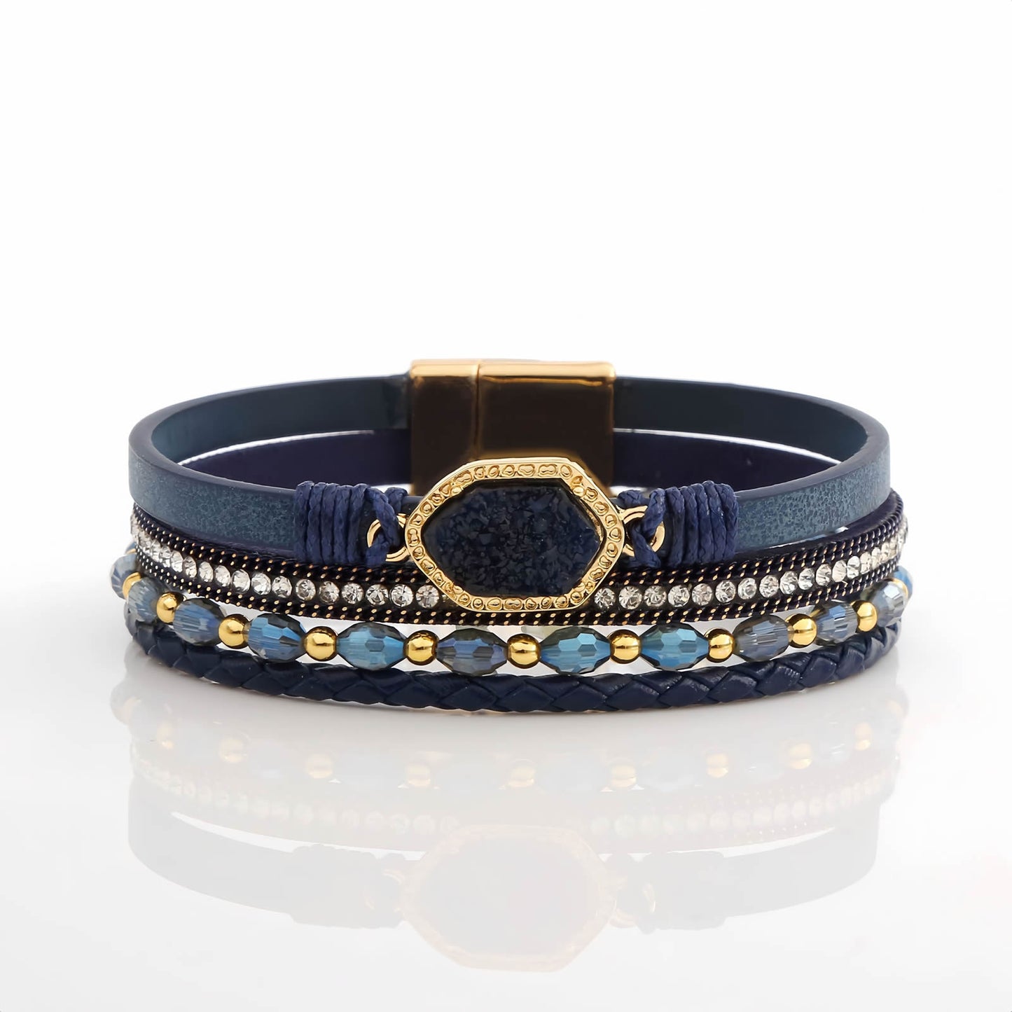 Boho Leather Wrap Bracelet with Crystal Beads & Clasp