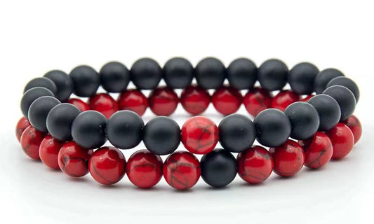 Handmade Couple’s Bracelets Set – Red Howlite & Black Onyx