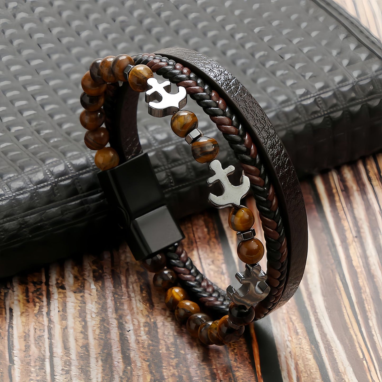 Men’s Tiger Eye Obsidian Beaded Leather Bracelet
