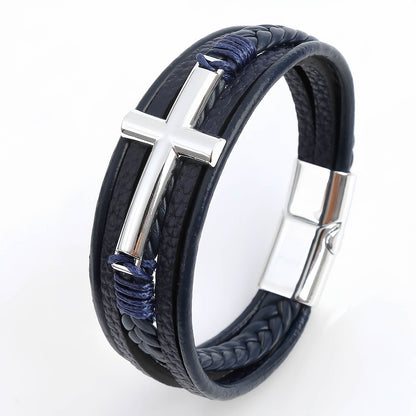 Men’s Braided Leather Bracelet with Cross Charm
