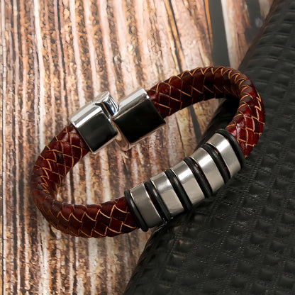 Men’s Braided Leather Bracelet with Layered Steel Bars