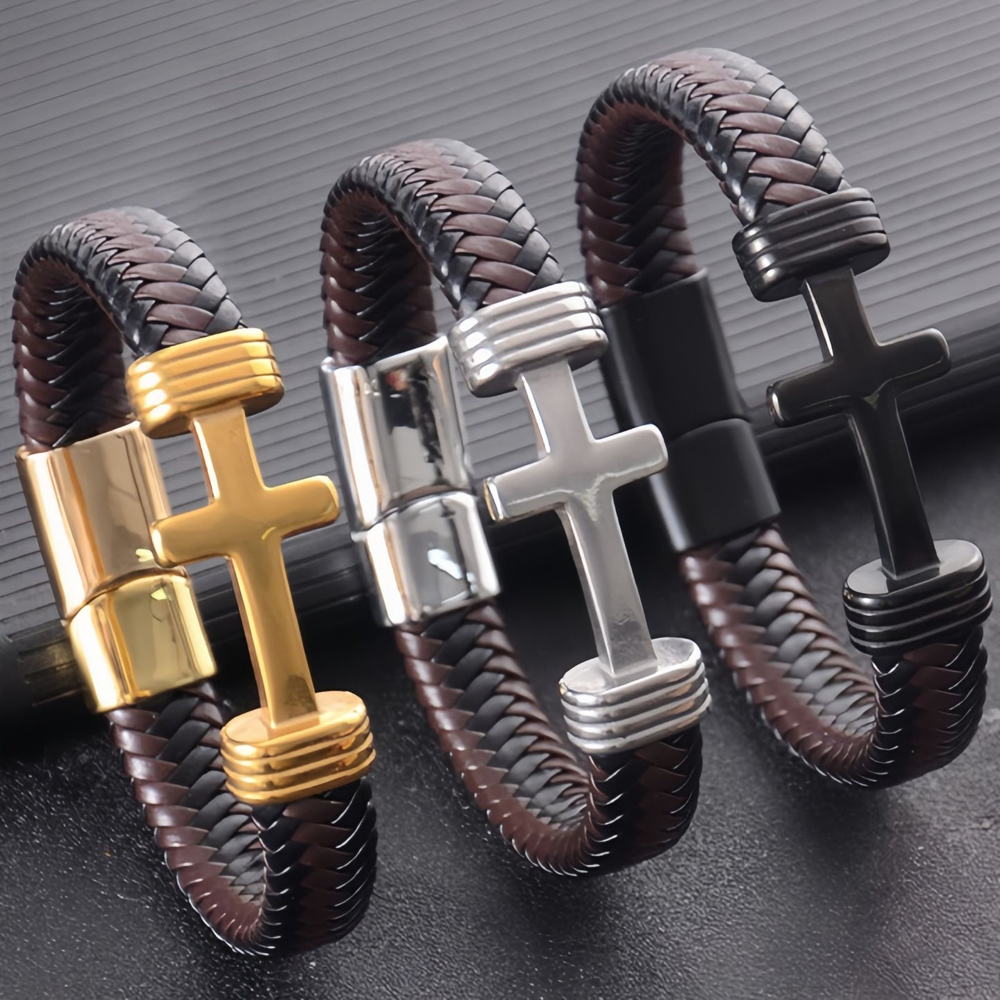 Men's Thick Braided Leather Cross Bracelet