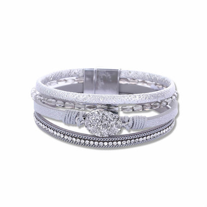 Boho Multilayer Leather Wrap Bracelet with Crystal