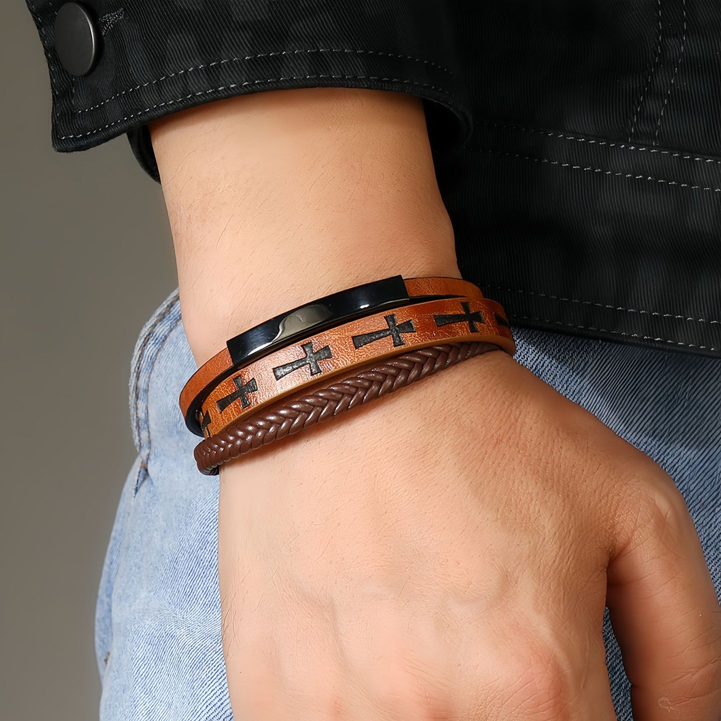 Cross Pattern Multi-Layer Men’s Leather Bracelet