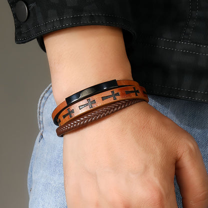 Cross Pattern Multi-Layer Men’s Leather Bracelet