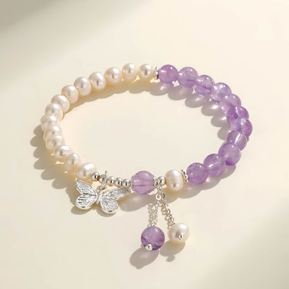Aquamarine Crystal Beaded Bracelet with Freshwater Pearls & Butterfly Tassel Pendant