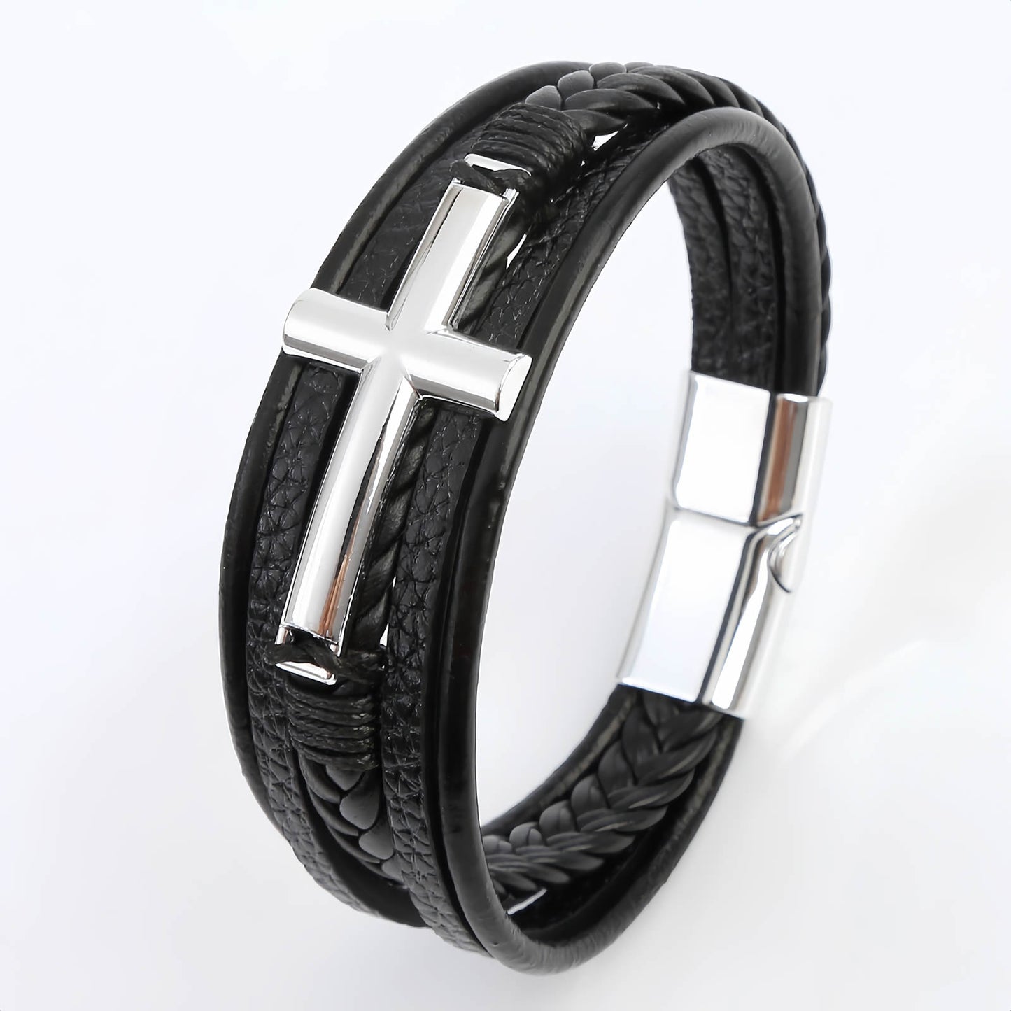 Men’s Braided Leather Bracelet with Cross Charm