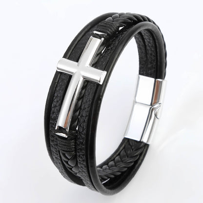 Men’s Braided Leather Bracelet with Cross Charm
