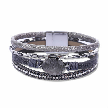 Boho Multilayer Leather Wrap Bracelet with Crystal
