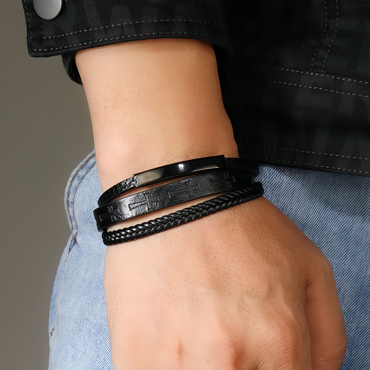 Cross Pattern Multi-Layer Men’s Leather Bracelet