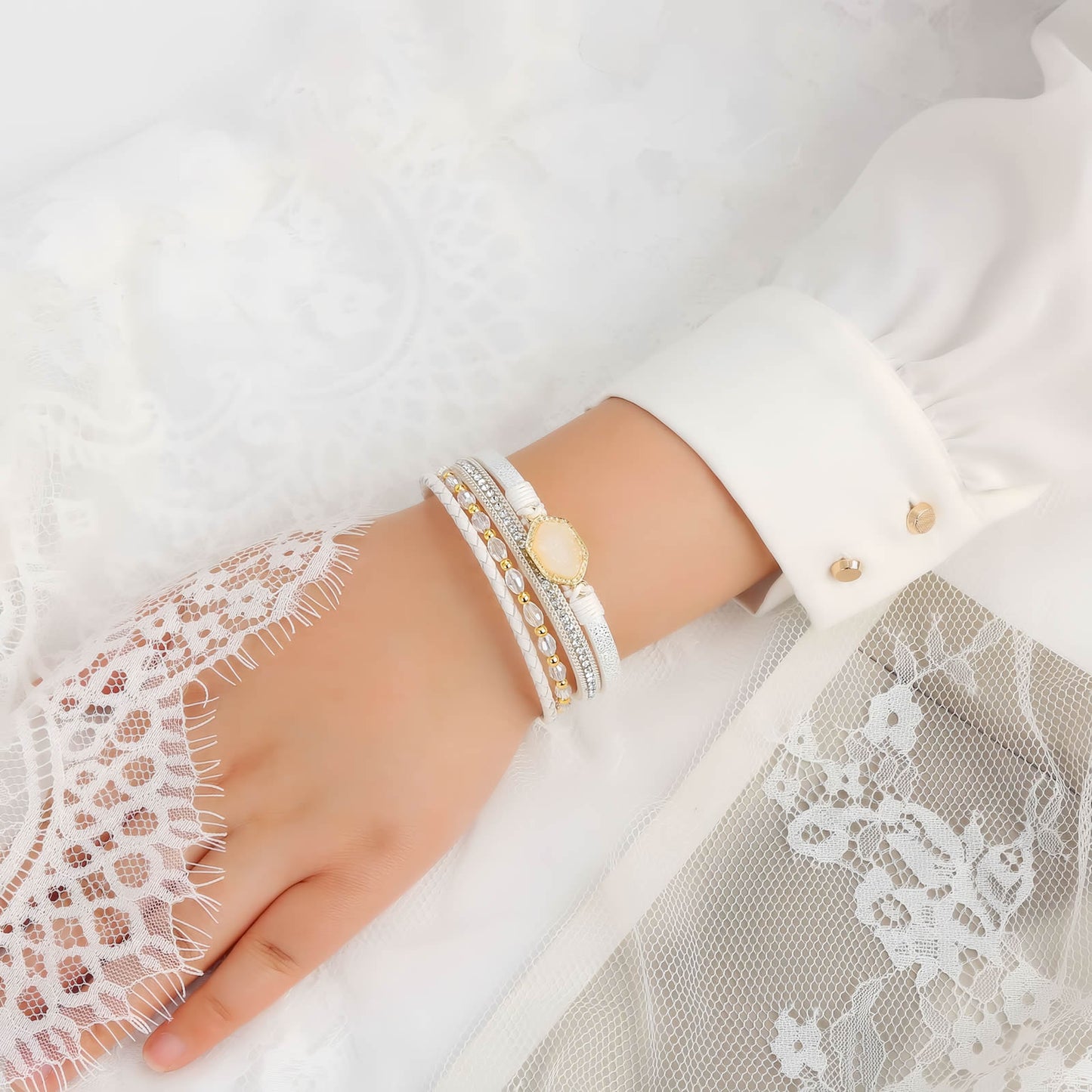 Boho Leather Wrap Bracelet with Crystal Beads & Clasp