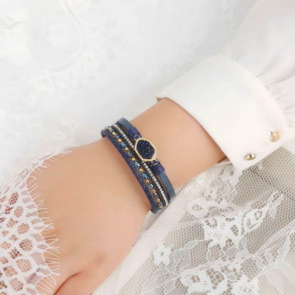 Boho Leather Wrap Bracelet with Crystal Beads & Clasp