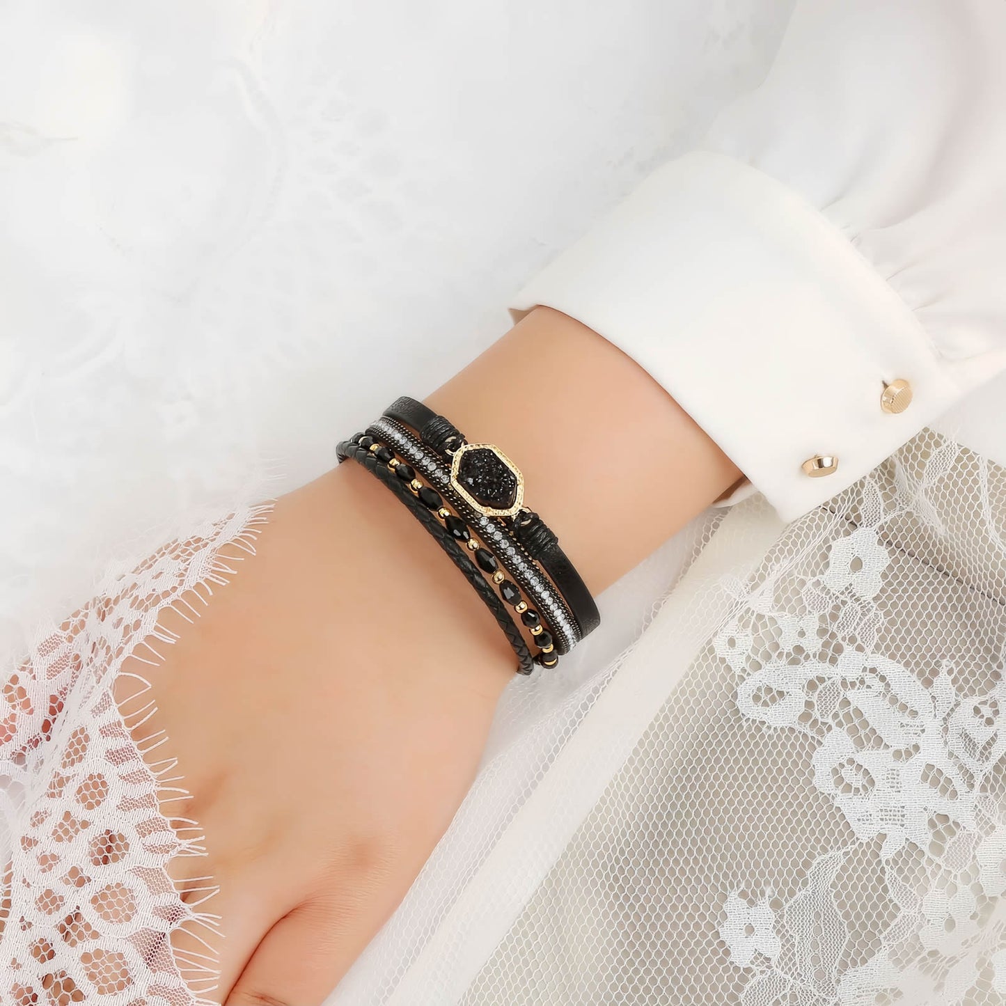 Boho Leather Wrap Bracelet with Crystal Beads & Clasp