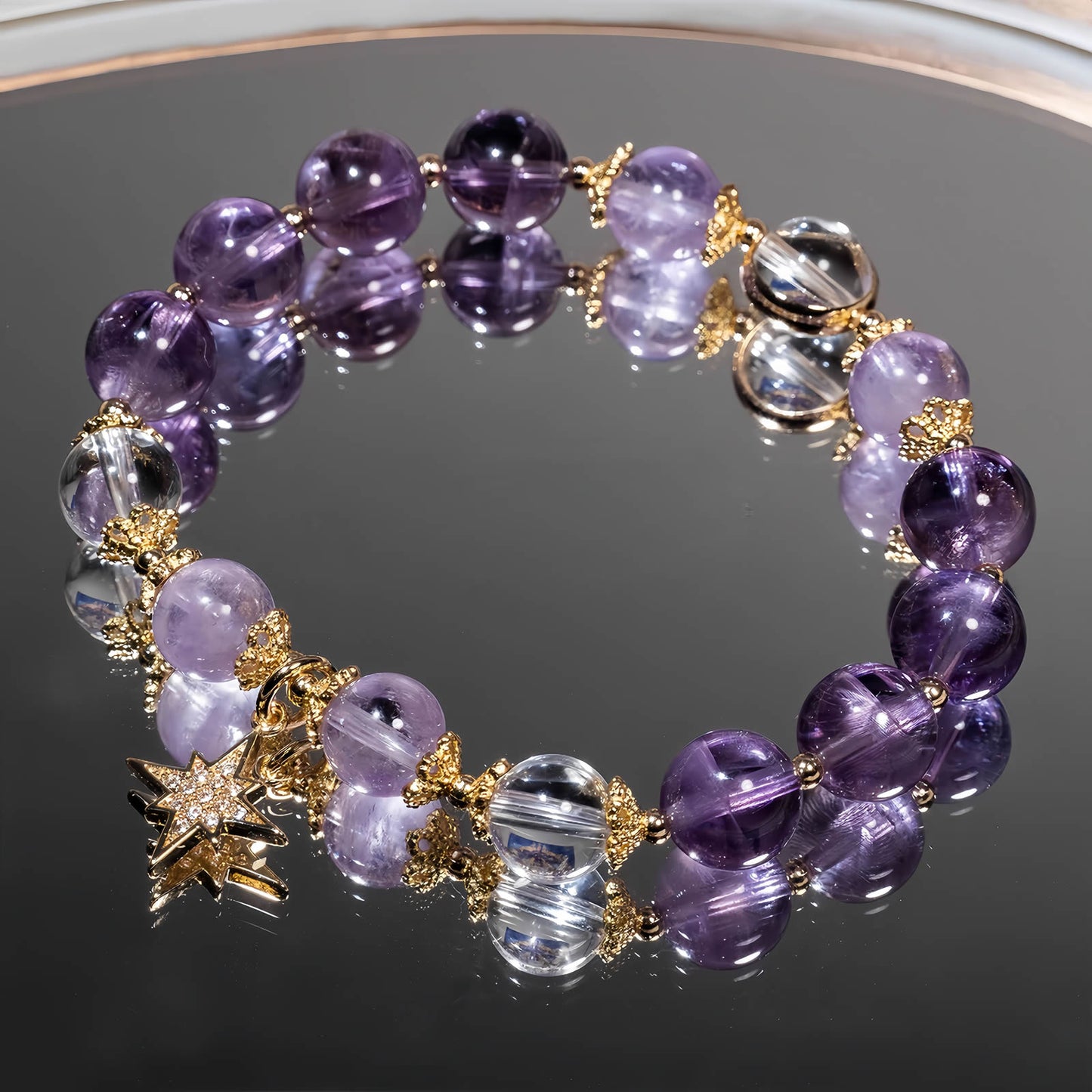 Amethyst Star Charm Beaded Bracelet
