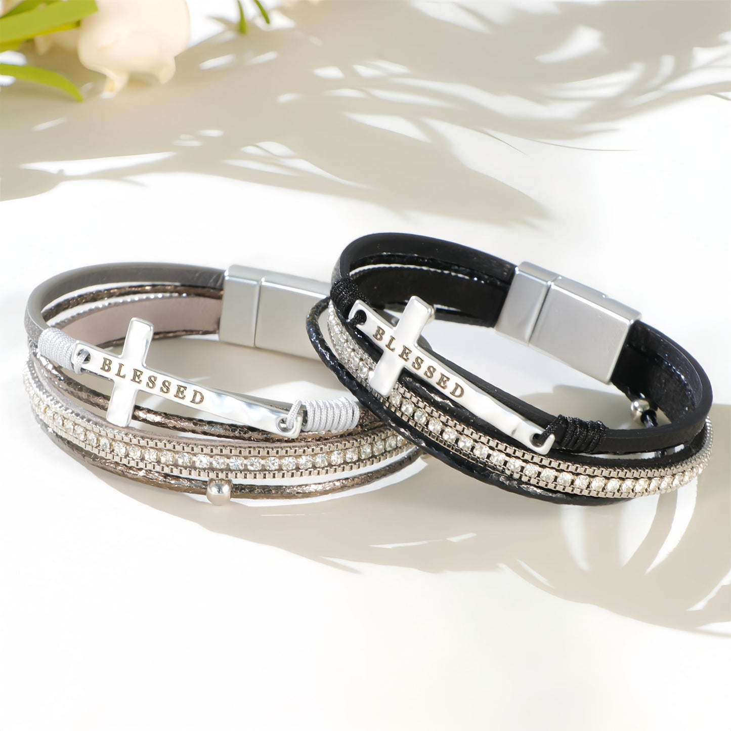 Boho Cross Blessed Layered Leather Bracelet