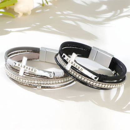 Boho Cross Blessed Layered Leather Bracelet